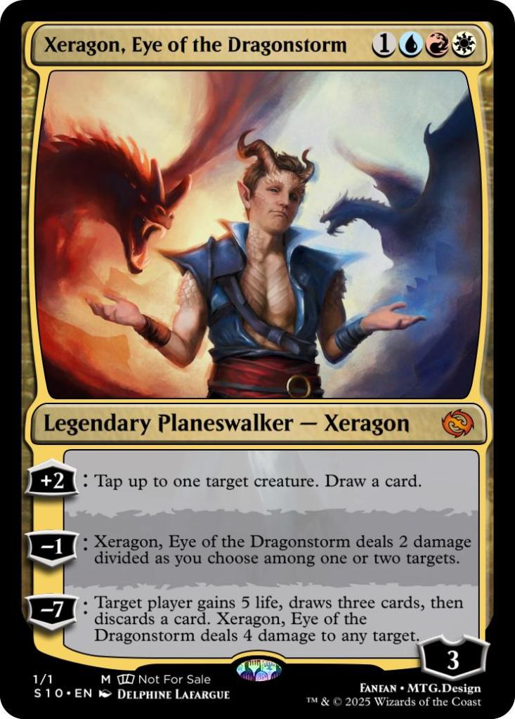 Illustration of Xeragon, Eye of the Dragonstorm, winner of the 10th Source Primordiale on 19 October 2025, illustrated by Delphine Lafargue.